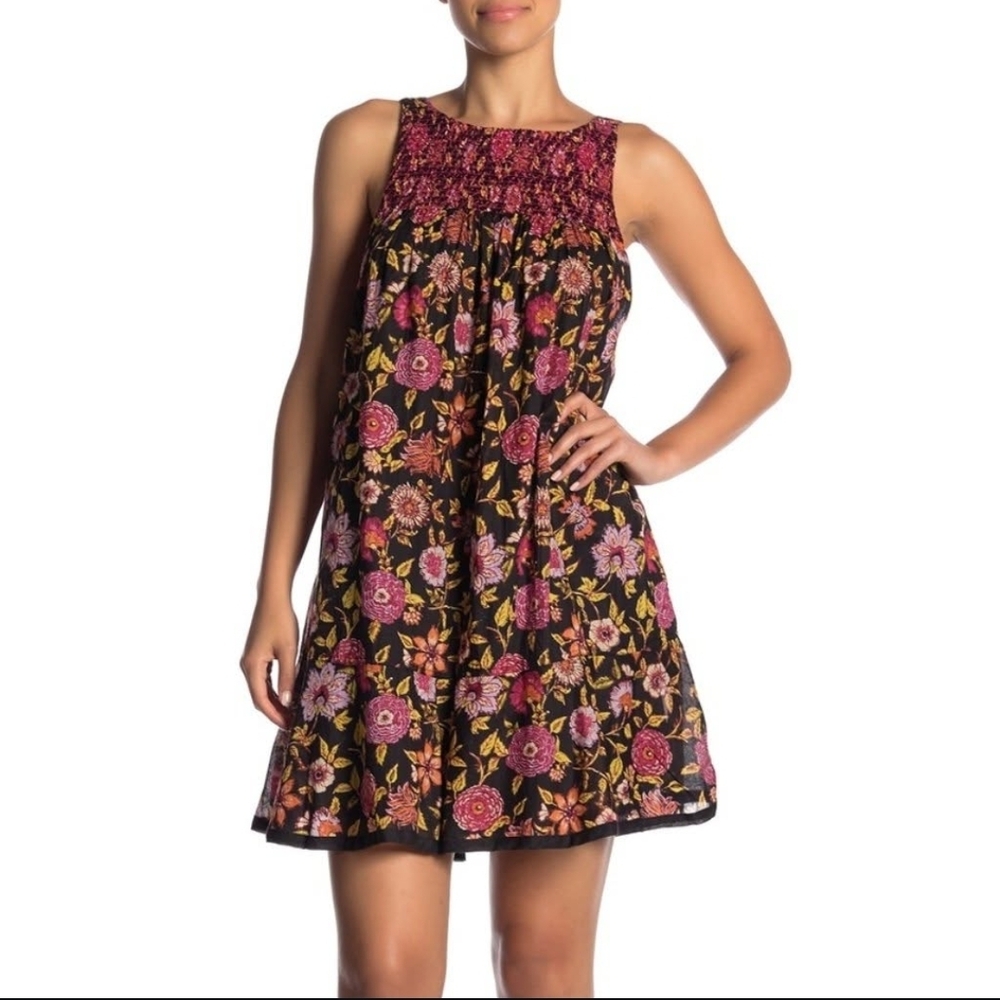 Free People Pink and Red Smocked Mini Sundress